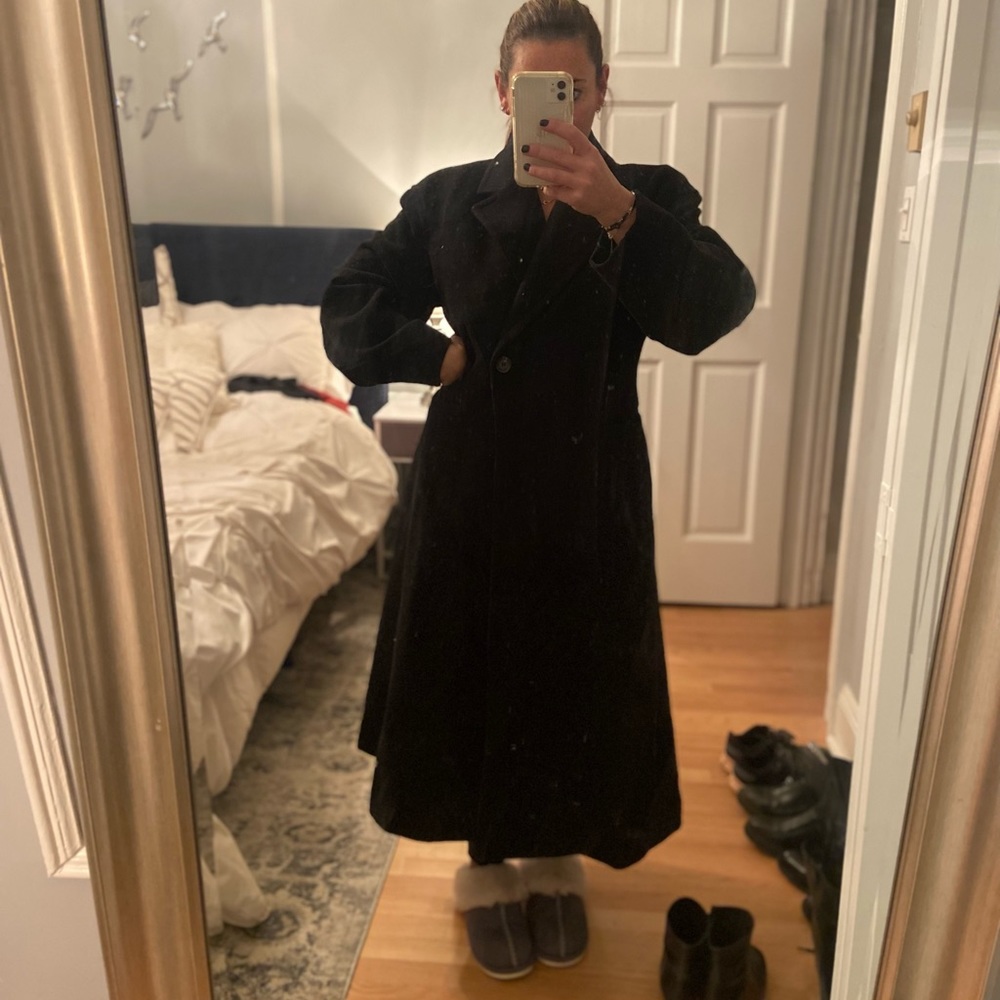 Black wool long waist cinch coat